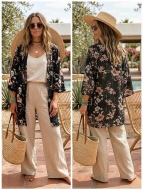 Tahari L/XL Modern Bohemian Hippie Resortwear Beach Floral Chiffon Open Kimono